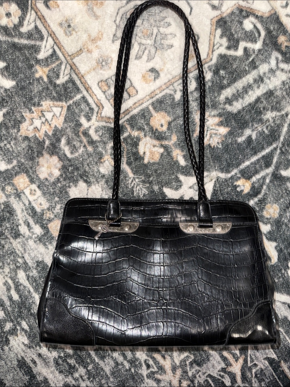 Black Croc-Embossed Silver Embellished Braided Shoulder Bag Country Cowgirl